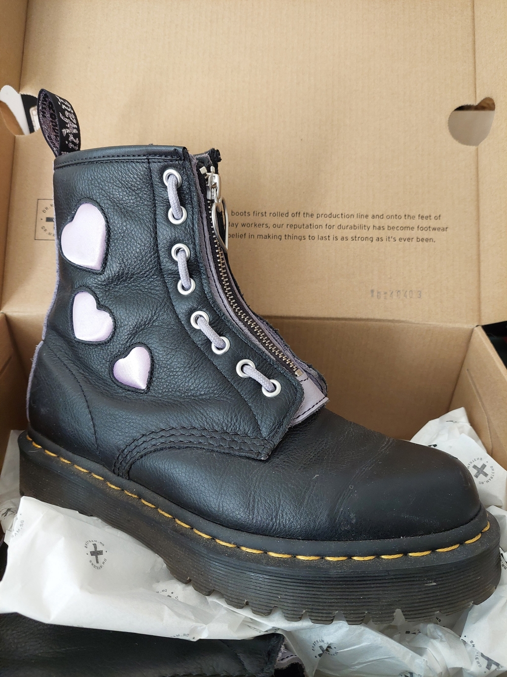 Dr. Martens Black Leather Platform Ankle Boots with Pink Heart Details